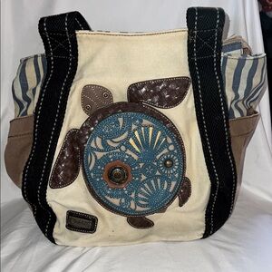 Chala Brown and Blue Turtle Canvas Tote Bag, 12X9X12, T5